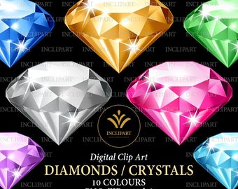 May include: Ten colorful diamond or crystal shapes, each with a different color, including blue, gold, silver, pink, purple, green, and light blue. The diamonds are set against a black background. The text "Digital Clip Art DIAMONDS / CRYSTALS 10 COLOURS PNG, ZIP, 300 dpi" is at the bottom of the image.
