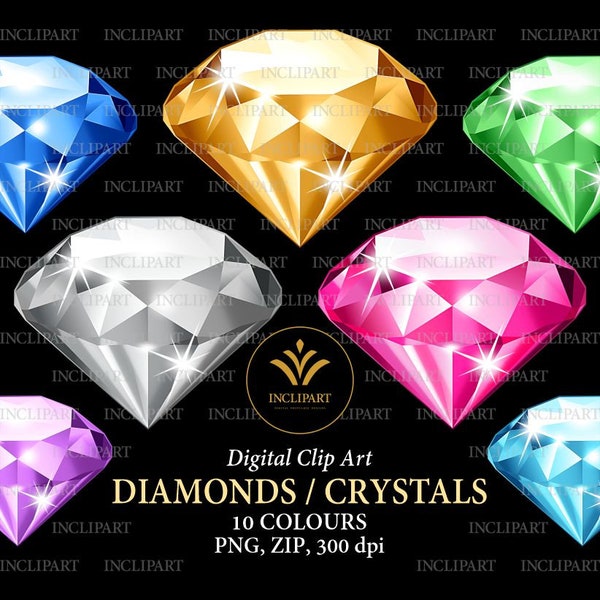 Diamonds, crystals clipart. Emerald, Sapphire, Diamond, Ruby, rhinestone clip art. 10 colours Gemstone PNG format clipart. Instant download.