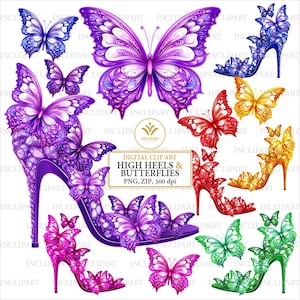 Hoge hak & vlinder digitale clipart PNG-bestandsindeling. Dames, meisjes, mode-illustraties. Bruiloft, feest clipart Instant download PNG zip