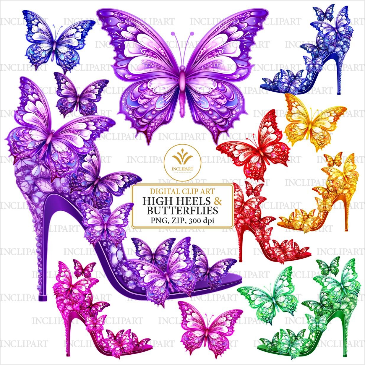 Hoge hak & vlinder digitale clipart PNG-bestandsindeling. Dames, meisjes, mode-illustraties. Bruiloft, feest clipart Instant download PNG zip