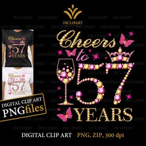 Proost op 57 jaar, digitale illustraties PNG, JPG-bestandsformaten. 57e verjaardag illustraties, DIY, afdrukbare bestanden. Wijnglas, vlinder png-bestanden.