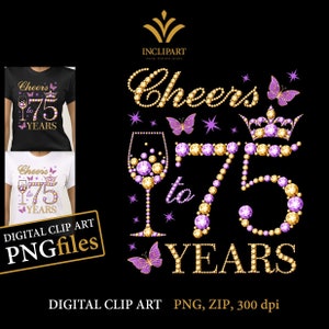Proost op 75 jaar, digitale illustraties PNG, JPG-bestandsformaten. 75e verjaardag illustraties, DIY, afdrukbare bestanden. Wijnglas, vlinder png-bestanden.
