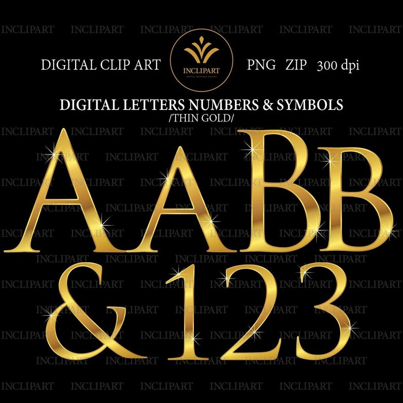 Gold letters numbers symbols PNG clipart. Metallic gold | Etsy