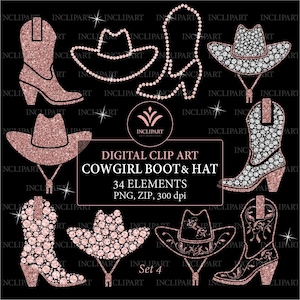 CowGirl Boot clipart formato PNG. Clipart de CowBoy Hat. Clipart western de diamante digital. Clipart de fiesta de bodas. Descarga instantánea. Uso comercial