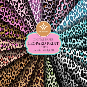 May include: A collection of 18 digital leopard print papers in various colors, including pink, gold, and teal. Each paper measures 12 x 12 inches and is 300 dpi. The image includes the text "DIGITAL PAPER LEOPARD PRINT".