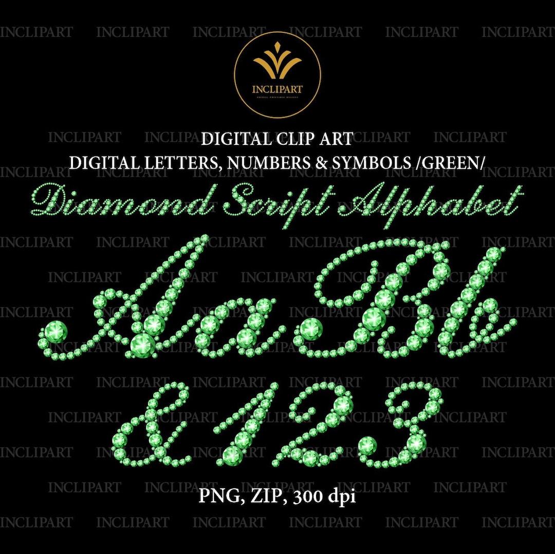 Diamond Alphabet Script. Digital Letters, Numbers, Symbols Clip Art PNG  File Format. Green Gem, Rhinestone Letters Clipart. Instant Download - Etsy