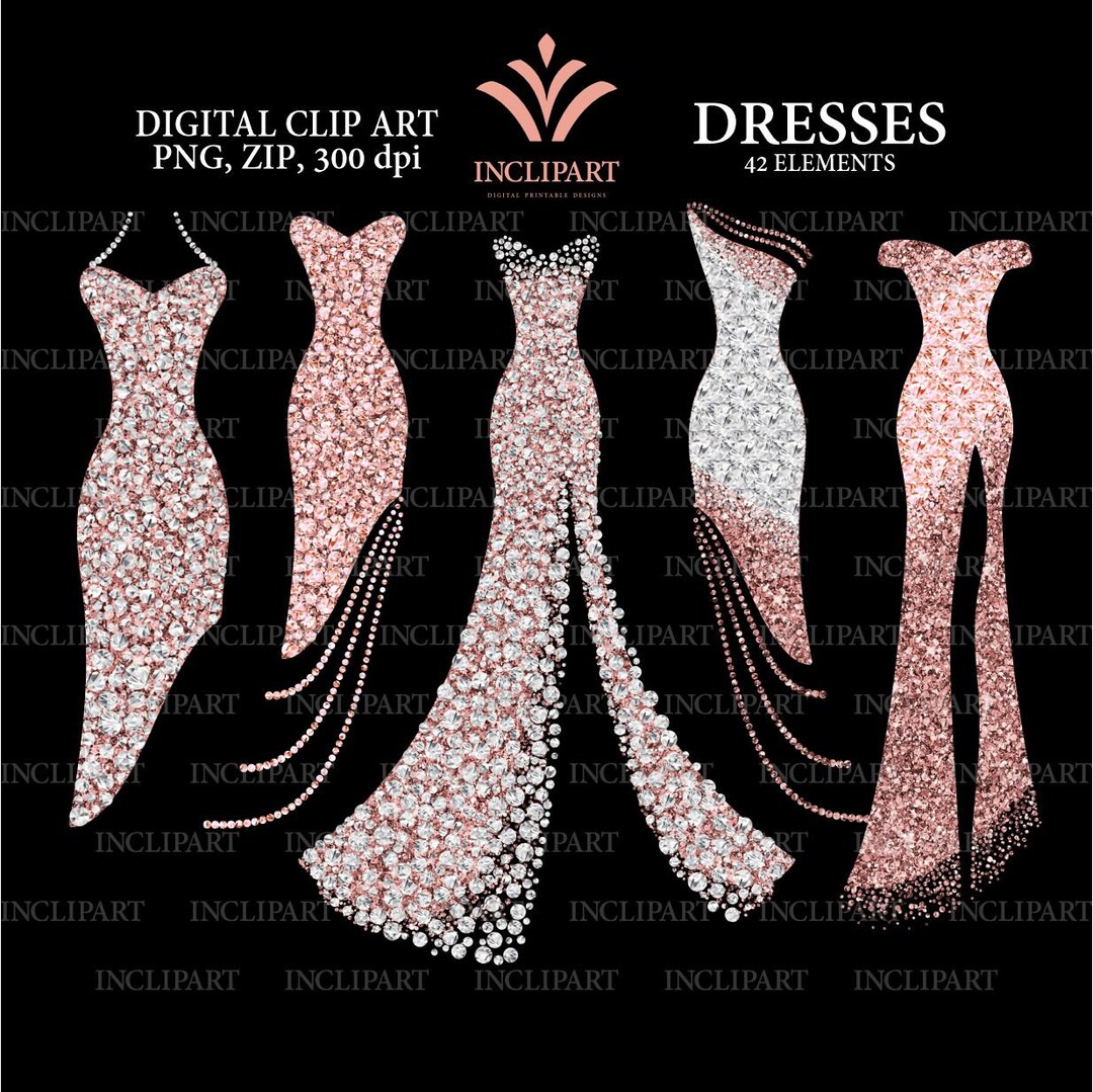 Dress Clipart PNG File Format. Diamond, Rhinestone Rose Gold, White Gown Clipart. Prom, Evening