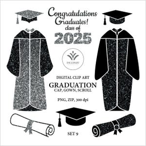 Clip art de formatura. Boné, vestido, clipart de ano de rolagem. Parabéns, graduados, clipart. Preto, glitter prateado, clipart Download digital PNG