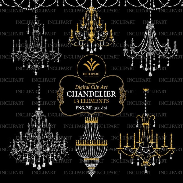 Chandelier Clipart. Rhinestone chandelier clip art. Party gold and silver glitter clipart. Instant digital download. PNG format Business use