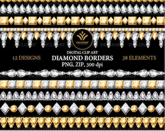 Diamond borders digital clip art PNG format. Rhinestone, crystal white, gold, blink borders clipart. Instant digital download. Business use