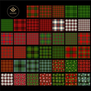 May include: A collection of 36 different plaid patterns in red, green, and white. Some patterns include snowflakes and stars.