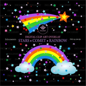 Sterren overlay clipart. Rainbow, Comet, Cloud overlay clipart. Kleurrijke partij clipart. Instant Digitale Download PNG. Afdrukbare. Zakelijk gebruik.