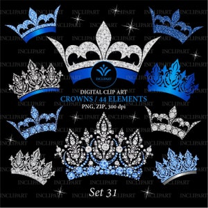 Clipart de corona PNG. Azul, plata damas, chicas, clipart de corona nupcial. Clipart de moda. Boda, clipart de fiesta. Descarga instantánea. Uso comercial
