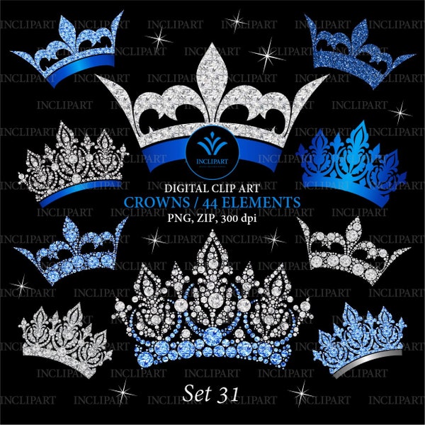 Crown clipart PNG. Blue, silver ladies, girls, bridal crown clipart. Fashion clipart. Wedding, party clipart. Instant download. Business use
