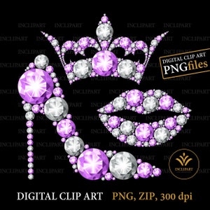 High heel shoe, Crown, Lips digital clipart PNG file format. Purple, white diamond, rhinestone clip art. Ladies party clipart. Sublimation.