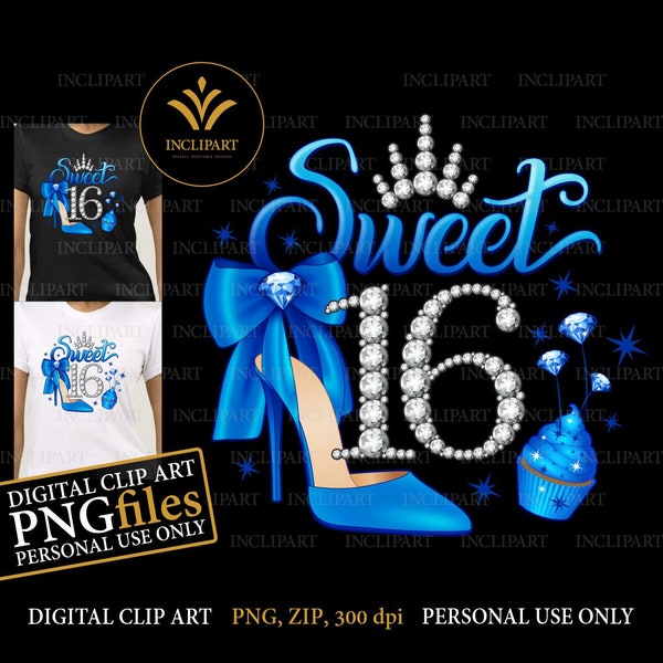 Sweet 16, digital PNG, JPG files. 16th Birthday clip art, DIY, printable files. Royal blue high heel, cup cake, diamond 16, tiara png.