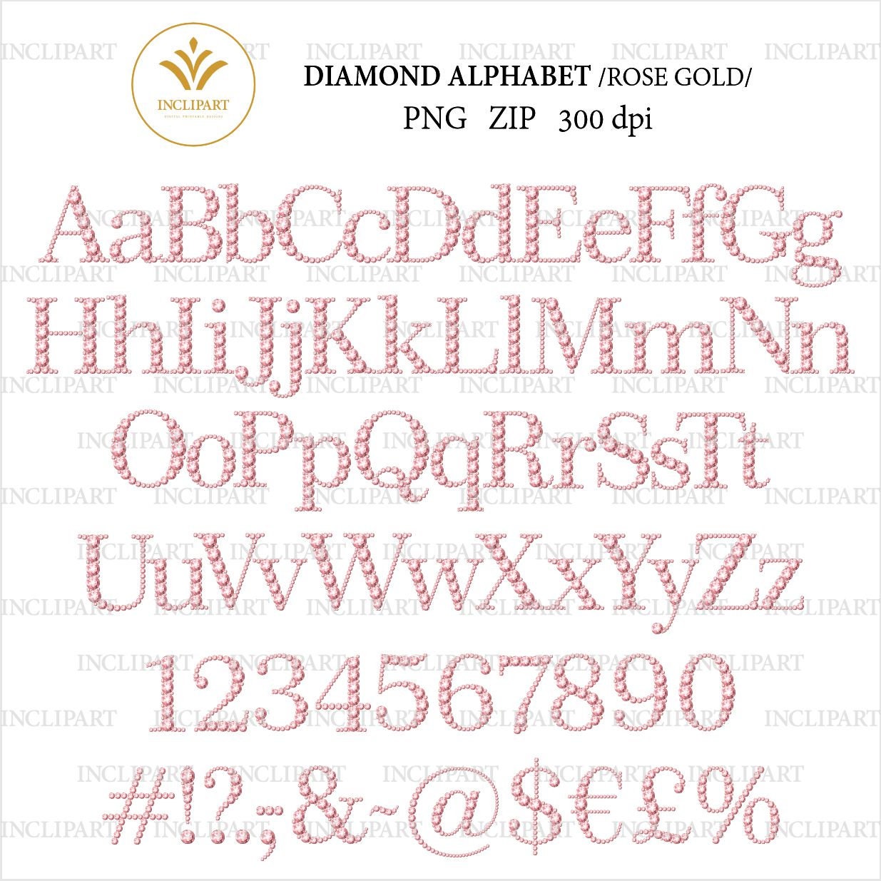 Cursive Diamond Lettering Rose Gold Diamond Alphabet and Numbers Clip Art PNG File Format ...