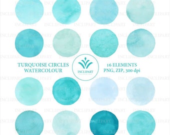 Watercolour circles digital clipart. Turquoise hand painted watercolor circles, spots, dots clip art. Instant download PNG. Business use.