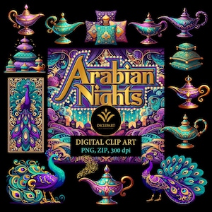 Arabian Nights, Aladdin-lamp, Peacock digitale illustraties PNG-bestandsformaat. Arabisch themafeest, evenement. Kleuren: goud, paars, groenblauw.