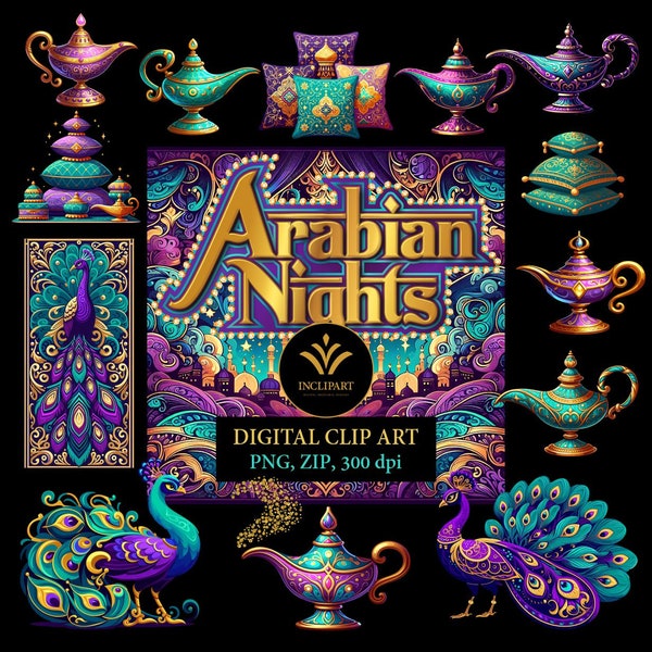 Arabian Nights, Aladdin lamp, Peacock digital clip art PNG file fomat. Arabian themed party, event. Colours: gold, purple, teal.