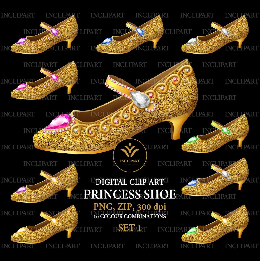 Princess Shoe PNG Digital Clipart. Gold and Diamonds, Rhinestones Shoes