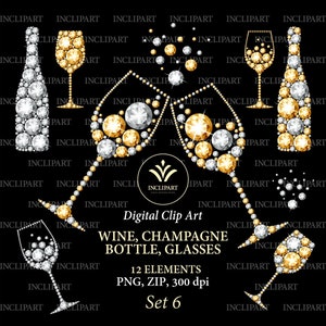 Wine, Champagne bottle, glasses Clipart. Diamond, rhinestone, gem Bottles, glasses overlay clip art. Instant digital download. PNG format.