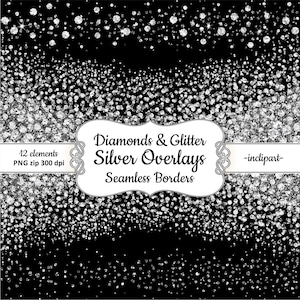 Può includere: Un download digitale di 12 bordi senza cuciture di glitter e diamanti argentati. I bordi sono perfetti per aggiungere un tocco di brillantezza ai tuoi progetti. Il testo "Diamonds & Glitter Silver Overlays Seamless Borders" è al centro dell'immagine.