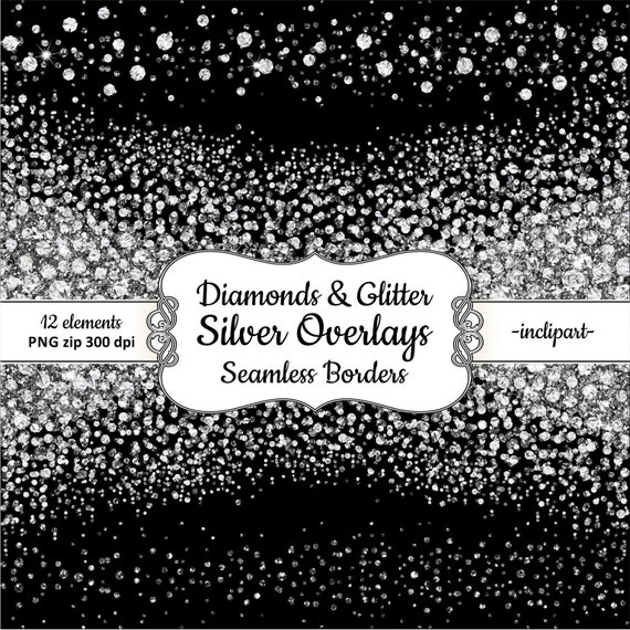 Silver Diamond Clipart. Seamless side border diamond & glitter clipart. Overlays clipart. Instant digital download. PNG format. Business use