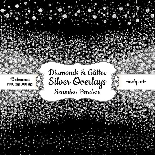Silver Diamond Clipart. Seamless side border diamond & glitter clipart. Overlays clipart. Instant digital download. PNG format. Business use