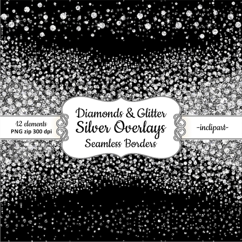 May include: A digital download of 12 seamless silver glitter and diamond borders. The borders are ideal for adding a touch of sparkle to your designs. The text "Diamonds & Glitter Silver Overlays Seamless Borders" is in the centre of the image.