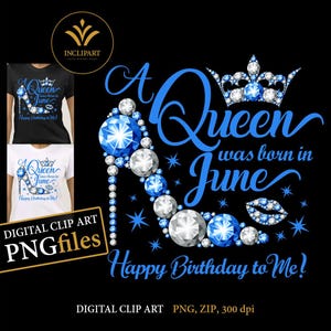 Uma rainha nasceu em junho, clipart digital em formato PNG. Clip-art de festa de aniversário. Festa feminina, salto alto, coroa, clipart azul. Download instantâneo.
