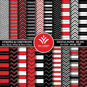 Red, Black, White, Silver glitter geometric backgrounds. Stripes and Chevrons digital paper. Set of 20 JPG. Printable. Instant download.