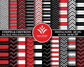 Red, Black, White, Silver glitter geometric backgrounds. Stripes and Chevrons digital paper. Set of 20 JPG. Printable. Instant download.