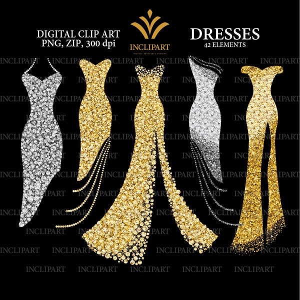 Dress Clipart PNG file format. Diamond, rhinestone white and gold Gown Clipart. Prom, evening, cocktail dress clip art. Instant download.