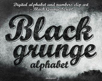 Alfabet czarny grunge skrypt clipart. Cyfrowy węgiel czarny teksturowane litery i numery clipart. Natychmiastowe pobieranie PNG. Użytku biznesowego.
