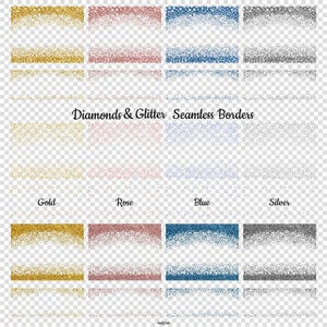 May include: A set of 20 seamless borders featuring gold, rose gold, blue, and silver glitter and diamond patterns.  The borders are perfect for adding a touch of sparkle to any design project.