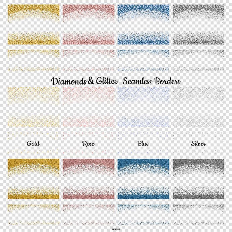 May include: A set of 20 seamless borders featuring gold, rose gold, blue, and silver glitter and diamond patterns.  The borders are perfect for adding a touch of sparkle to any design project.