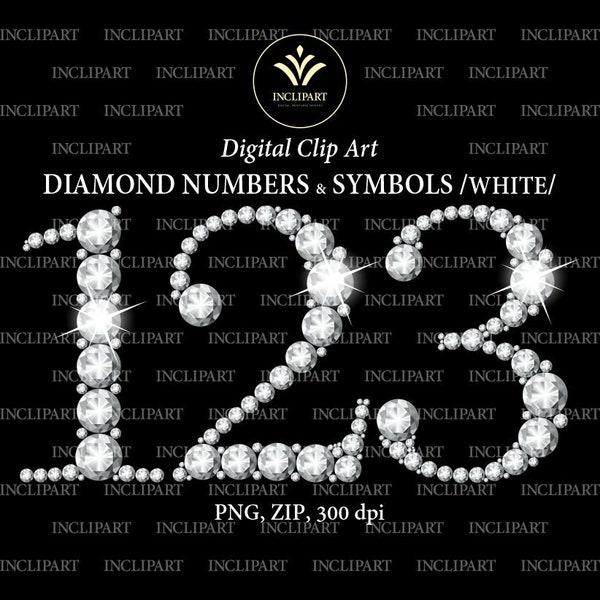 Diamond numbers clipart. White Rhinestone, gem numbers and symbols sparkle clip art. H 2.6 inches. Instant download PNG Business use