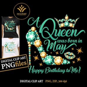 En mayo nació una reina, clipart digital en formato PNG. Clip art de fiesta de cumpleaños. Fiesta de damas, verde azulado, tacones altos dorados, corona, clipart de labios.