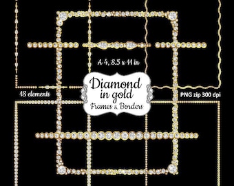 Marco Clipart Diamond Gold. Marco de Rhinestone, imágenes prediseñadas fronterizas. Marcos de brillo digitales, divisores de página PNG. Descarga instantánea. Uso comercial.