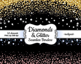 Diamond Clipart. Seamless side border diamond & glitter clipart. Gold Rose Blue Silver overlay clipart. Instant digital download. PNG format