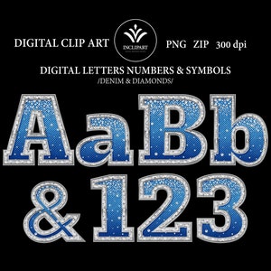 Denim and Diamonds Buchstaben, Zahlen Clipart im PNG-Dateiformat. Digitales Alphabet Clip Art. Sofortiger digitaler Download, zip.