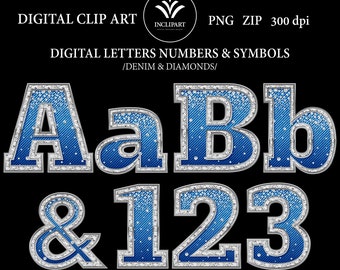 Denim and Diamonds Buchstaben, Zahlen Clipart im PNG-Dateiformat. Digitales Alphabet Clip Art. Sofortiger digitaler Download, zip.