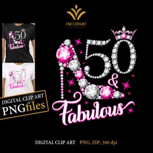 50 en fantastisch. 50e verjaardag digitale clipart PNG-indeling. Damesfeest, wit/zilveren en roze png-bestanden met hoge hak. Afdrukbare sublumatie. afbeelding 1