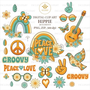 Format de fichier PNG d’images clipart numériques hippies. Groovy, paix, amour, arc-en-ciel, guitare, colombe, papillon, fleurs, hippie, clip art des années 60. PNG imprimable.