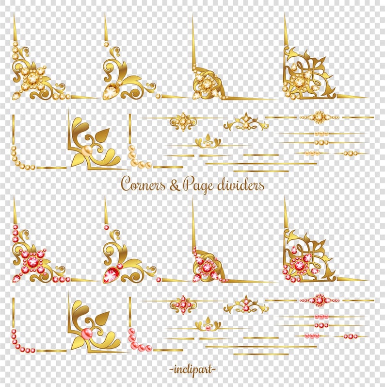 Instant download PNG diamond Business use Set of 30 various decorative elements in gold Gold Corner Page Divider Clipart ruby clipart