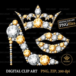 May include: A digital clip art image of a high heel shoe, lips, and a crown made of gold and silver gemstones. The image is on a black background.  DIGITAL CLIP ART PNG, ZIP, 300 dpi