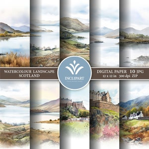 Paesaggio, Scozia, ClipArt di download digitale dell'acquerello. Set di 10 sfondi ad acquerello JPG / documenti digitali. Stampabile. Uso aziendale.