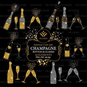 Champagne Clipart. Flessen & glazen schitteren overlay clip art. Gouden en zilveren glitterclipart. Direct digitaal downloaden. PNG-indeling.