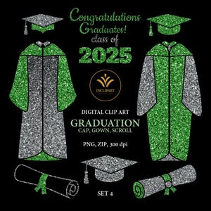 Clip art de formatura. Boné, vestido, clipart de ano de rolagem. Parabéns, graduados, clipart. Verde, clipart de glitter prateado. Download digital PNG
